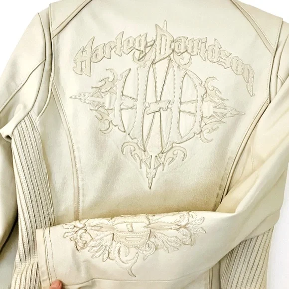 100% GENUINE LEATHER CREAM HARLEY DAVIDSON BIKER MOTO JACKET SIZE SMALL - Picture 5 of 7